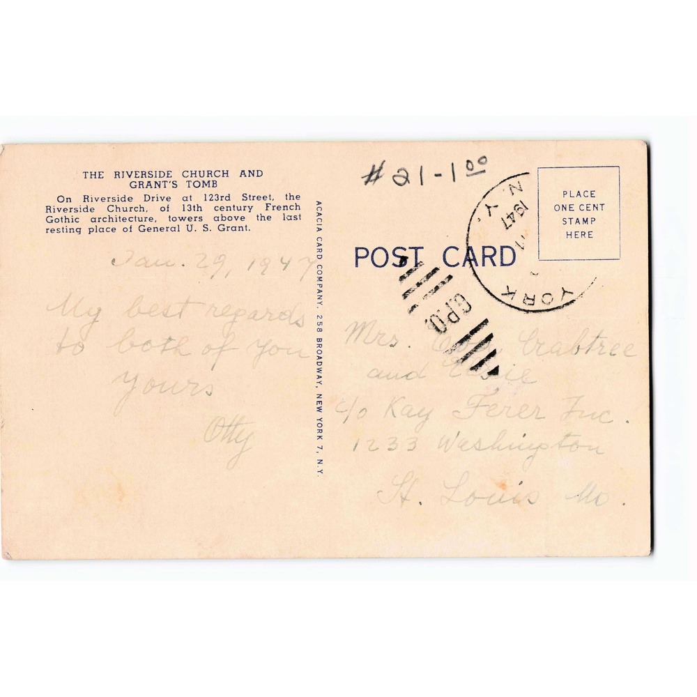 Riverside Church Grant's Tomb Manhattan New York City NY 1947 Linen Postcard - Picture 2 of 2
